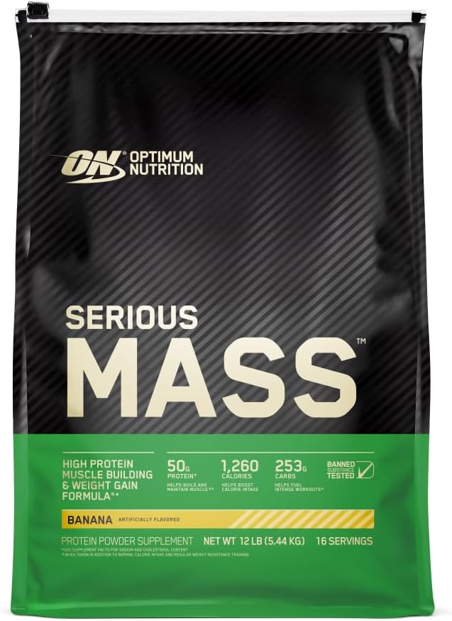 Optimum Nutrition Serious Mass, Weight Gainer Protein Powder, Mass Gainer, Vitamin C and Zinc for Immune Support, Creatine, Banana, 12 Pound (Packaging May Vary)