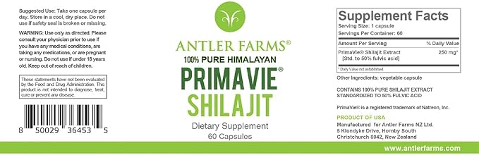 Antler Farms - 100% Pure PrimaVie Shilajit for Men Extract, 60 Capsules, 250mg – Standardized to 50% Fulvic Acid, Wild Harvested Resin from The Himalayas, Powerful Adaptogenic Supplement (Pack of 2)