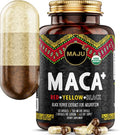 Maju Superfoods 4-in-1 Maca Root Capsules, Organic Black, Yellow & Red Roots w Black Pepper Extract for Absorption (120 ct) | Peru Product, Peruvian Powder, Men & Women Supplement, 60,000 mg