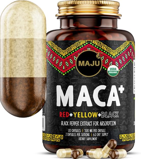 Maju Superfoods 4-in-1 Maca Root Capsules, Organic Black, Yellow & Red Roots w Black Pepper Extract for Absorption (120 ct) | Peru Product, Peruvian Powder, Men & Women Supplement, 60,000 mg