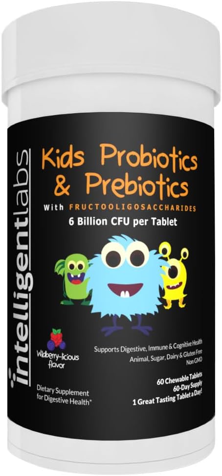 Intelligent Labs Kids/Children Probiotics 6 Billion CFU with Prebiotics, PHGG & FOS, Once-Daily Chewable, Great Taste, 10x Effectiveness, 60-Day Supply, Third-Party Verified