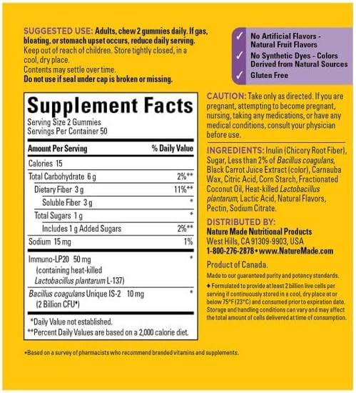 Nature Made Triple Action Biotic Gummy, 100 Gummies, Combined Prebiotic, Probiotic and PostBiotic, 50 Day Supply