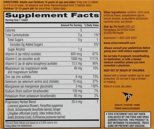 Airborne 1000mg Vitamin C with Vitamin D & Zinc, Sugar Free Multivitamin Immune Support Supplement, Antioxidants Vitamins A C & E, Very Berry Flavor, 30 Tablets (Pack of 2)