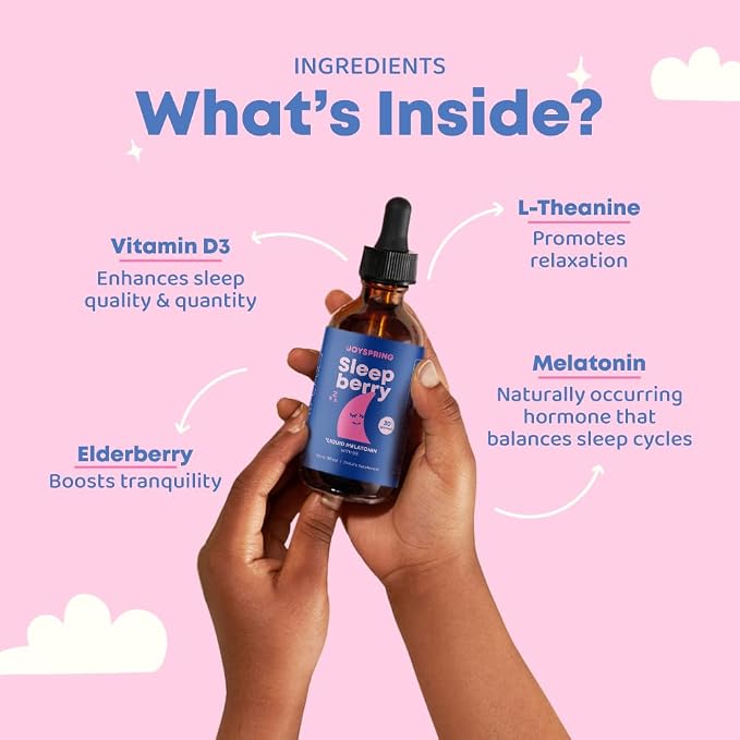 JoySpring Sleepberry Kids Melatonin 3 mg – Liquid Sleep Aid with L Theanine, High Absorption Berry Drops (2 fl oz) 60 Servings, Children's Melatonin with Vitamin D Kids Travel Essentials