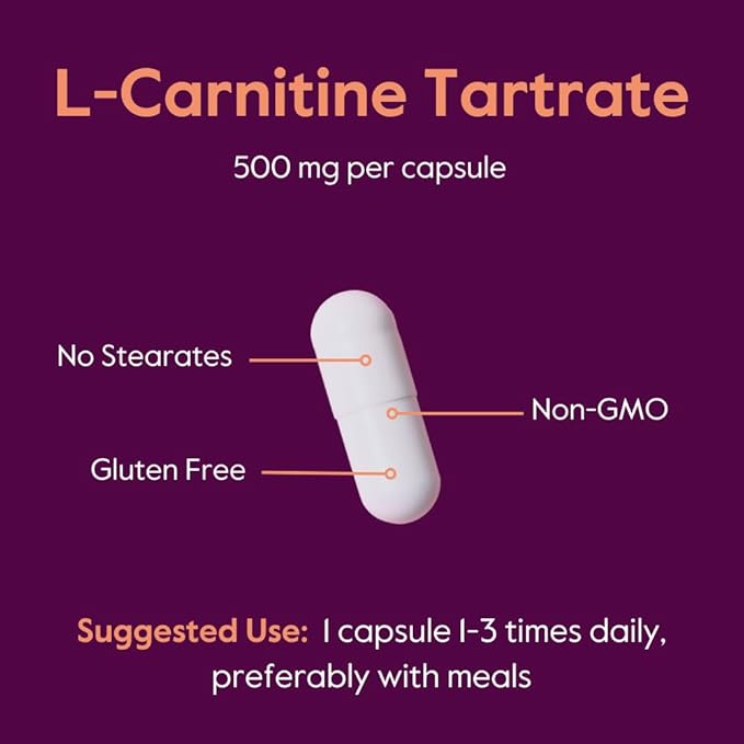 BESTVITE L-Carnitine Tartrate 500mg per Capsule (240 Capsules)(120x2) - No Stearates - Non GMO - Gluten Free - Supports Heart Health & Energy Production*