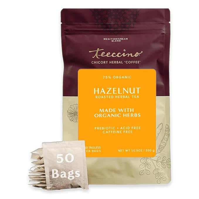 Teeccino Hazelnut Roasted Herbal Tea - Caffeine Free, Prebiotic, 3x More Herbs - 50 Tagless Eco-Friendly Tea Bags