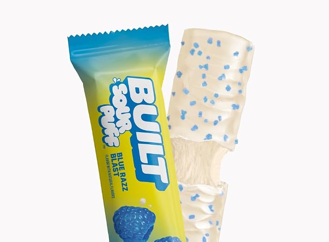 BUILT Sour Puff Protein Bar, Blue Razz Blast, 16g Protein - 12 Count | Sour Gummy, Candy-like Protein Snack Bar with Collagen, Calorie Conscious, Gluten Free