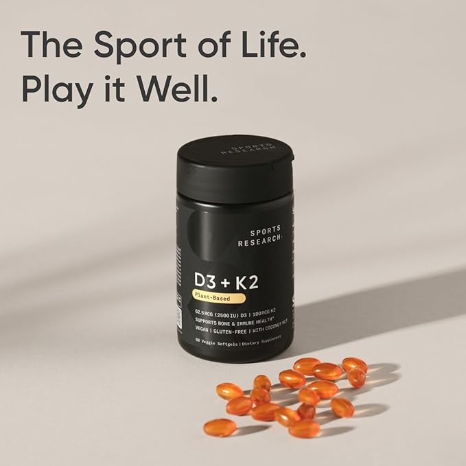 Sports Research® Vitamin D3 + K2 w/Coconut Oil - Vegan Vitamin D 2500iu (62.5mcg) & Mk7 Vitamin K 100mcg for Bone & Immune Support - Vegan Certified · Non-GMO · Soy Free - 60 Softgels