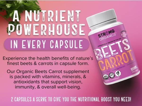 Beet & Carrot Juice Caps - USA Grown, Organic Raw Cold Pressed for Eye, Skin & Heart Health – Vegan, Non GMO 120Ct