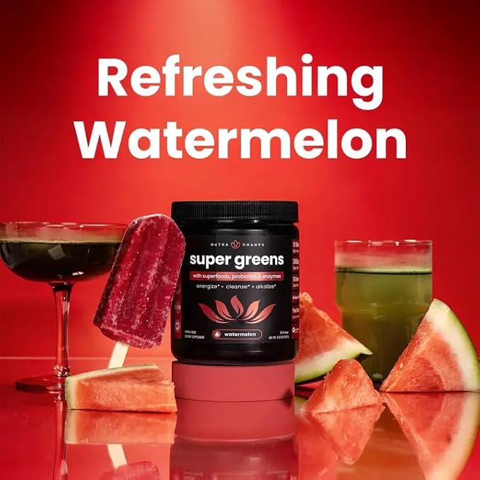 NutraChamps Super Greens Powder Premium Superfood | 20+ Organic Green Veggie Whole Foods | Alfalfa, Spirulina, Chlorella & More | Antioxidant, Digestive Enzyme & Probiotic Blends | Watermelon