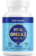 Vital Omega 3 Fish Oil Supplements 2400mg | 864mg EPA & 576mg DHA | 1440mg Total Omega-3 Fatty Acids | Promotes Brain & Heart Health | Non-GMO, Gluten-Free, Sugar-Free | Lemon | 30 Day Servings