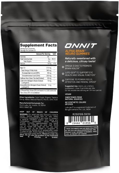 ONNIT Alpha Brain Neuro Focus Gummies, IGEN Non-GMO Tested Vegan Gummies with Omega-3s Lutein Zeaxanthin and Caffeine, Brain Eye and Focus Supplement for Men and Women, Citrus Punch, 90 Count