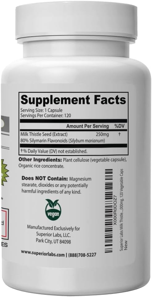 Superior Labs Milk Thistle NonGMO - 80% Silymarin Flavonoids - Powerful Formula for Healthy Liver, Kidney, Detox and Function, Energy - 250mg 4:1 Extract Yielding 1,000mg, 120 Vegetable Caps