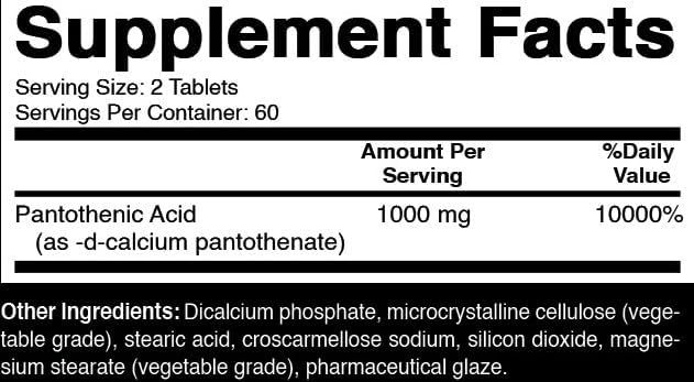 Oxify Panthothenic Acid 1000 mg |120 Tablets | Gluten-Free, Non-GMO | Supplement Made in USA