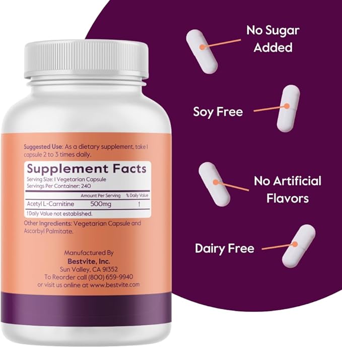 BESTVITE Acetyl L-Carnitine 500mg (240 Vegetarian Capsules) - No Stearates - Vegan - Non GMO - Gluten Free
