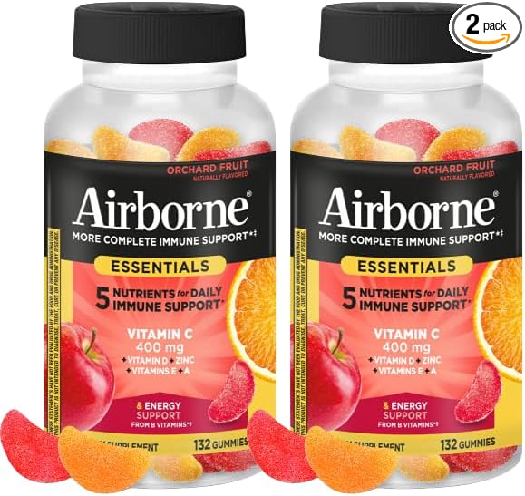 Airborne 400mg Vitamin C Gummies for Adults & Children, Immune Essentials Daily Immune Support Supplement with Vitamins C & E - Orchard Fruit Flavor, 132 Gummies (Pack of 2)