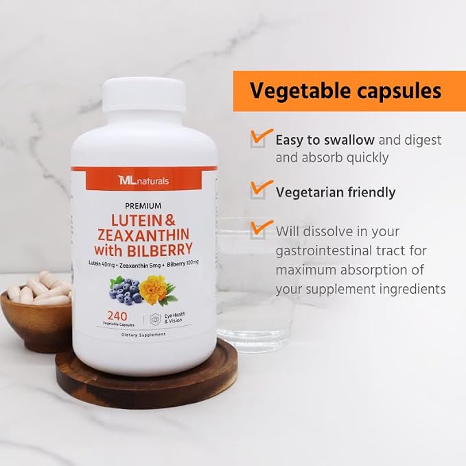 ML Naturals Lutein & Zeaxanthin with Bilberry – 40mg Lutein, 5mg Zeaxanthin & 100mg Bilberry (Per Serving) – 240 Vegetable Capsules – Supports Eye Health & Vision