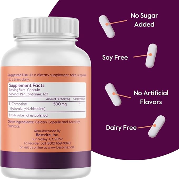 BESTVITE L-Carnosine 500mg per Capsule (120 Capsules) No Fillers - No Stearates - Non GMO - Gluten Free