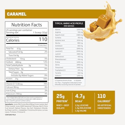 Jocko Fuel Whey Protein Isolate Pro Series, Caramel, 25g Low Lactose Whey + Beef Collagen, with Digestive Enzymes + Probiotics, 4.7g BCAAs, Low Carb, 25 Servings