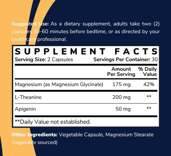 Magnesium Glycinate Sleep Stack with 200 mg L-Theanine, 50 mg Apigenin, 175 mg of Elemental Magnesium Glycinate | Sleep Support Magnesium Supplement | Made in USA