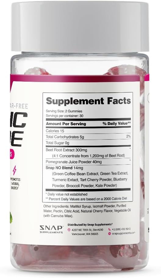 Snap Supplements Nitric Oxide Gummies - Beet Root Extract 300mg, Sugar Free Beetroot Supplement with Pomegranate Powder for Circulation & Natural Energy, 60 Vegan Gummies (2-Pack), Cherry Flavor