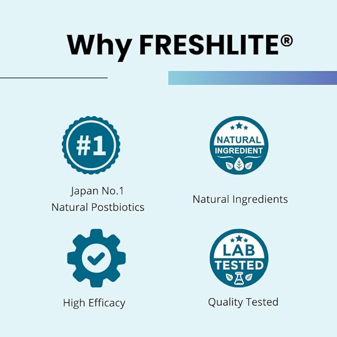 FRESHLITE Premium Vegan Postbiotics for Gut Health | IBS. Diarrhea. Bloating | Advanced Postbiotics Formula Beyond Pre & Probiotics | Vitamin C, D3 & E | Non-GMO, Gluten-Free, 60 Capsules Japan Made
