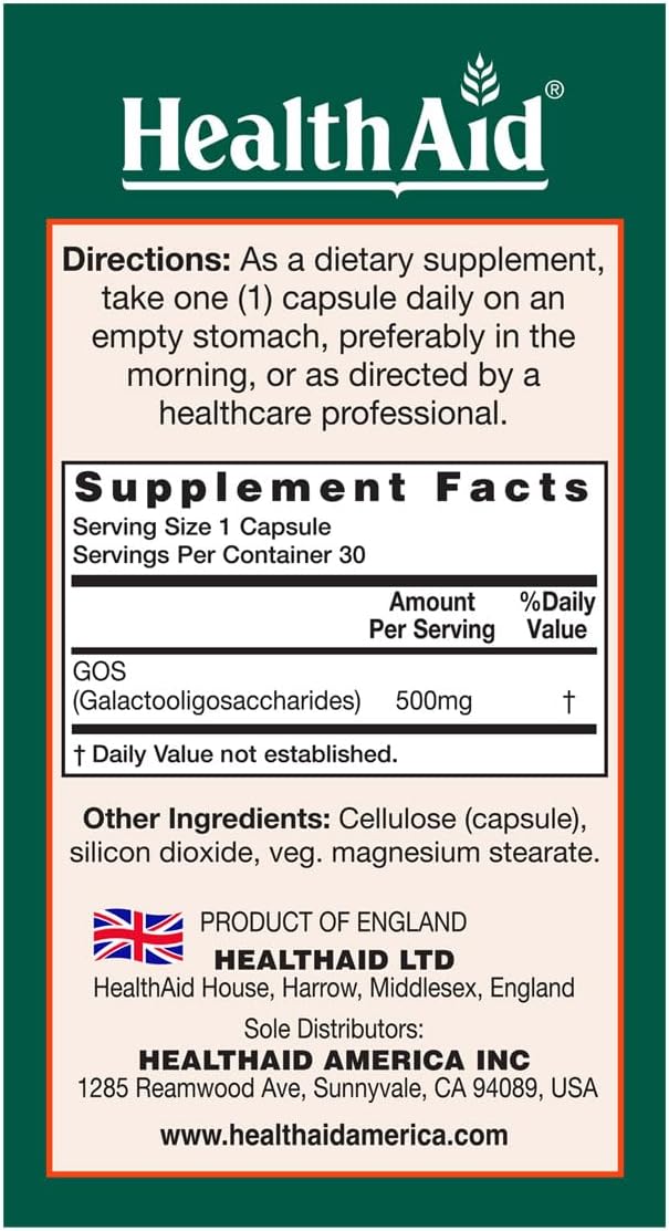 HealthAid GOSPrebio, Prebiotic Fiber, Once Daily, 30ct, Helps Proliferation of Beneficial Bacteria in the Gut, Galactooligosaccharides