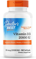 Doctor's Best Vitamin D3 2000 IU Softgels for Men & Women - Vitamin D Supplement for Immune System & Heart Health Support, 50 mcg per Serving, Vit D 3, Non GMO, Gluten Free, Soy Free - 180 Softgels