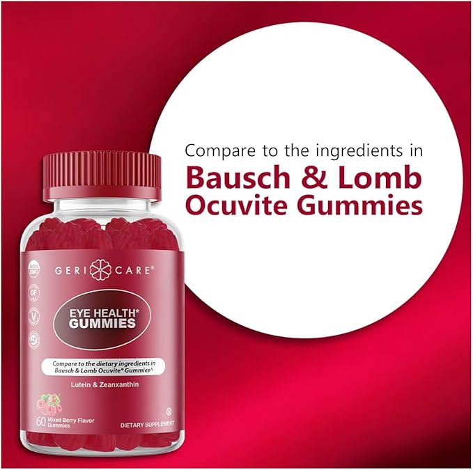 GeriCare Eye Support Gummies, Compare to Bausch and Lomb Ocuvite Gummy, Lutein & Zeaxanthin Vision Health Supplement, Naturally Sourced, Plant-Based, Non-GMO, Gluten-Free, 60 Chewable Berries Gummies