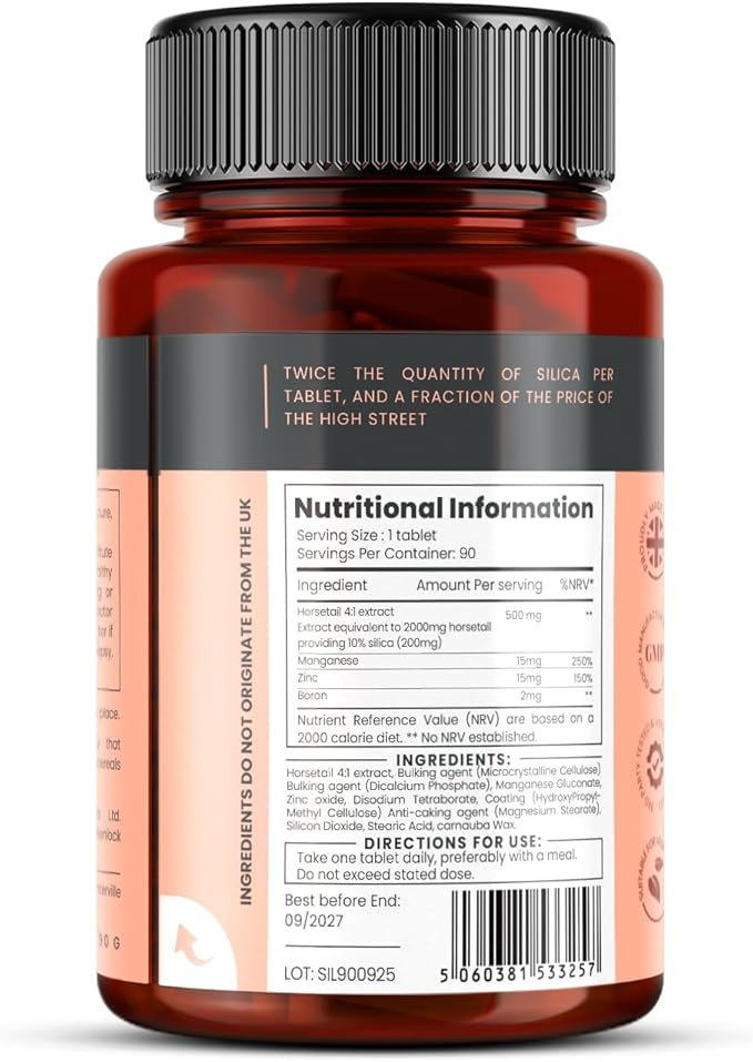 pureclinica Double Strength Silica Complex – 500mg Horsetail Extract (4:1) per Tablet – 180 Tablets (2 Bottles) – 6 Month Supply – with Zinc, Manganese & Boron