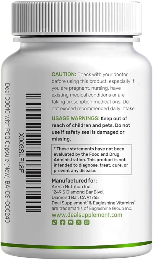 DEAL SUPPLEMENT CoQ10 200mg with PQQ 200mcg, 240 Veggie Capsules | Bioavailable Coenzyme Q10 Complex | Supports Heart, Energy & Brain Health | Antioxidant Support | Non-GMO
