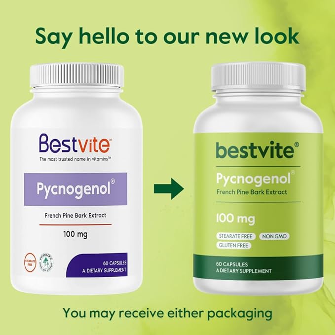 BESTVITE Pycnogenol 100mg (120 Capsules) (60x2) - French Maritime Pine Bark Extract - No Stearates - Gluten Free - Non GMO