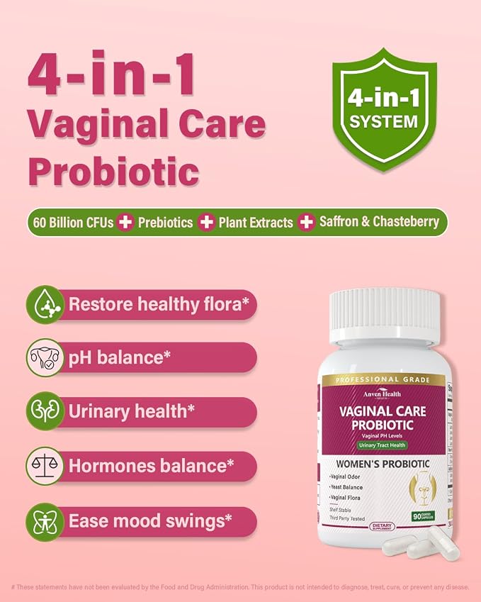 Vaginal Probiotics for Women pH Balance with Prebiotics - 60 Billion CFU for Odor, Yeast & Digestion - Cranberry for Urinary Tract & Hormonal Balance - Vegan & Non-GMO | 90 Capsules