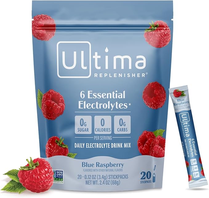 Ultima Replenisher Electrolyte Hydration Powder, Blue Raspberry, 20 Count Stickpacks Pouch - Sugar Free, 0 Calories, 0 Carbs - Gluten-Free, Keto, Non-GMO with Magnesium, Potassium | Daily Zero Sugar Powder Hydration Packets with 6 Key Electrolytes & Mi...