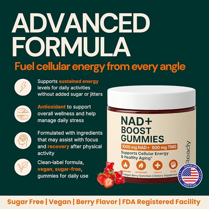 b.Ready NAD+ Gummies, Premium 1000 mg NAD Supplement with 500 mg TMG, Grape Seed & Black Pepper Extract – NAD+ for Healthy Aging, Cellular Energy & Antioxidant Support, Vegan, Sugar-Free, 60 Count