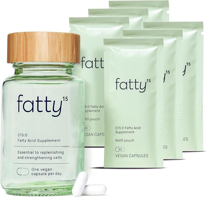 Fatty15 C15:0 Pentadecanoic Acid Supplement The Longevity Nutrient - 180 Vegan Capsules - 3X Cellular Benefits of Fish Oil EPA Omega 3 Supplements - Liver Support & Mitochondrial Health