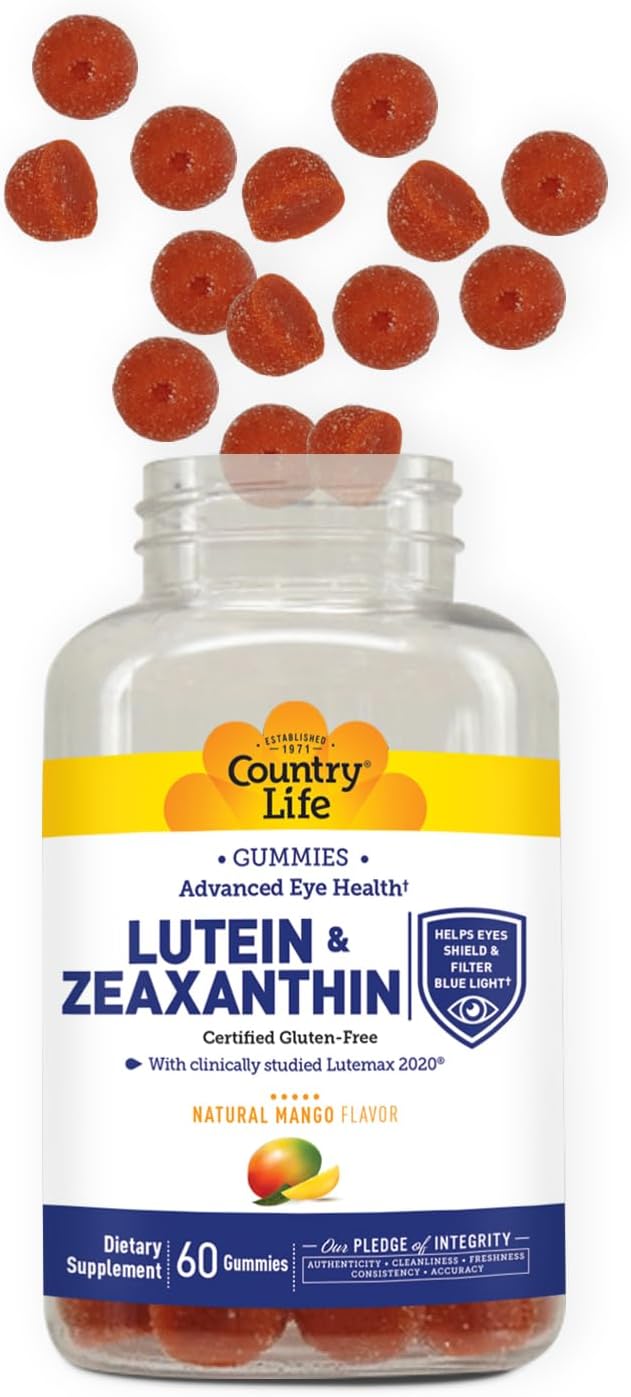 Country Life Lutein Gummies with Lutemax 2020, 60 Ct, Chewable Natural Eye Support Supplement, Marigold Lutein, Zeaxanthin, Eye Health & Macular Support, Non-GMO, Natural Fruit Pectin, Vegan