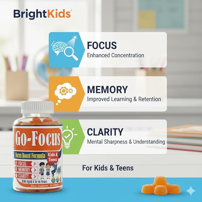 BrightKids Brain Supplements for Memory and Focus, Omega 3 & DHA Focus Gummies for Kids, Memory Booster Focus Supplement for Kids & Teens- Low-Sugar, Natural Fruit Flavor 60 Gummies