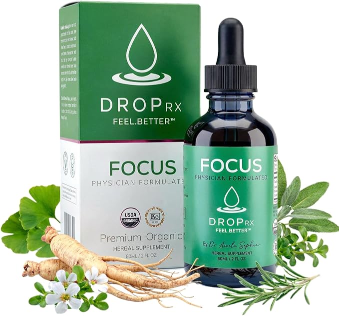 DropRx Focus, Liquid Drop Supplement for Memory, Brain Support, Clarity & Focus - Ginkgo Biloba and Ginseng Organic Herbal Blend - Made in USA by Dr. Nicole Saphier (2fl.oz)