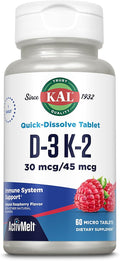 KAL Vitamin D3 K2 ActivMelts - Immune Support Supplement w/Vitamin D as D3 and MK7 VIT K2 - Supports Calcium Absorption for Strong Bones, Quick-Dissolve Tablets, Natural Raspberry Flavor, 60 Servings