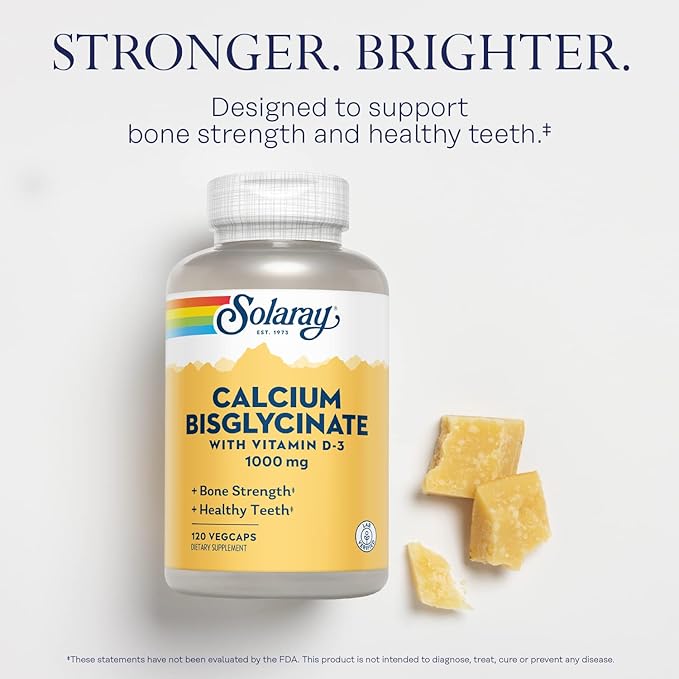 SOLARAY Calcium Bisglycinate Supplement 1000 mg for Women & Men - Calcium with Vitamin D3, Bone Strength & Teeth Health Support, Chelated Capsules, Easy to Digest - 120 Veg Cap Count