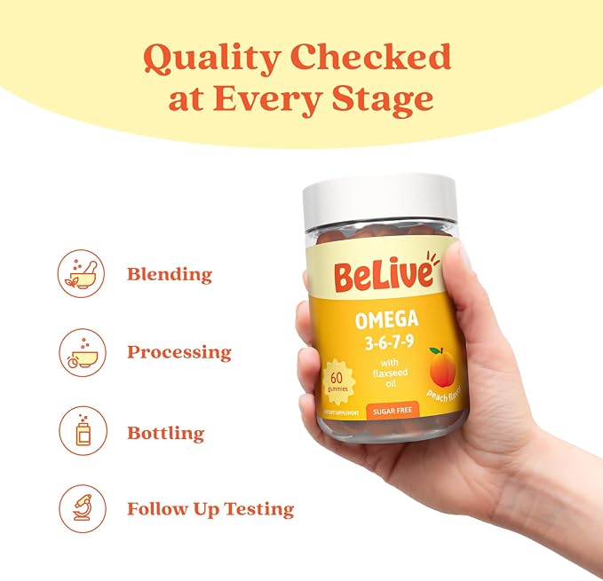 BeLive Organic Omega 3 Gummies - 180 Ct I Vegan Omegas 3 6 7 & 9 from Flaxseed Oil & Sea Buckthorn Fruit Oil, for Kids & Adults, Full Body, Brain & Eye Support, Sugar Free – Peach Flavor