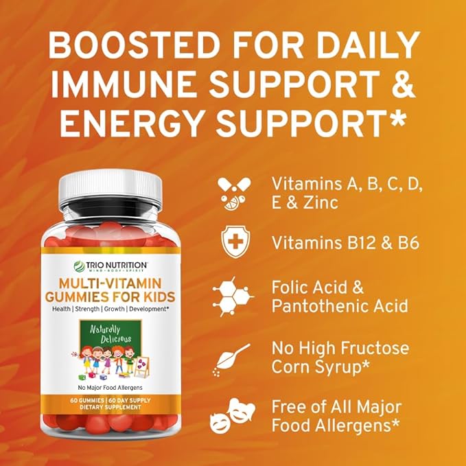 TRIO NUTRITION Premium Kids Multivitamin Gummies with Vitamin C & Zinc for Immune & Energy Support | Complete Daily Essential Vitamins to Grow Up Strong| Pectin, Animal-Free, Allergen-Free*