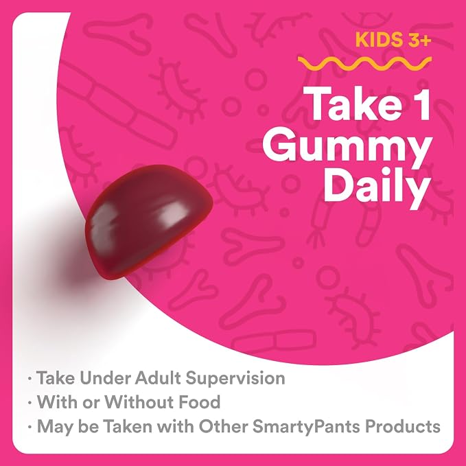 SmartyPants Kids Probiotic Gummies for Digestive Health: 2 Billion CFU Gut Health and Immune Support Supplement, Clinically Studied Probiotic, Gluten Free, Grape, 30 Count (30 Day Supply)