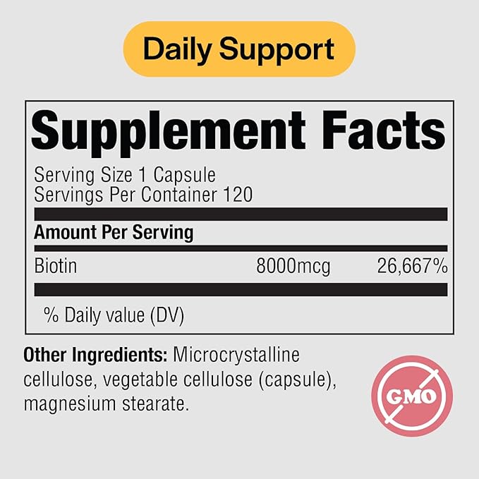 PureFormulas Biotin 8000 mcg Hair Skin Nails Biotin Supplement Biotina, Biotin Hair Growth Vitamins B7 Supplement for Women & Men 120 Capsules (Pack of 2)
