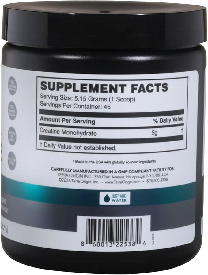 TERRA ORIGIN Creatine Monohydrate Powder | 45 Servings | Micronized Creatine Supplement | Unflavored, Pure Creatine for Women & Men | Gluten Free, Sugar Free, Made in USA