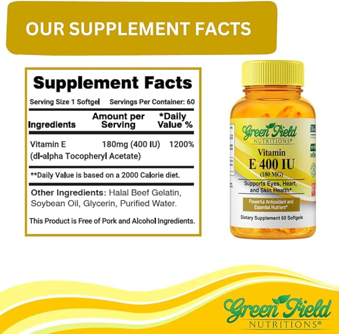 Greenfield Nutritions Halal Vitamin E 400 IU Softgels (180mg) 60 Counts – Dietary Supplement for Skin, Heart, Eye, and Immune Health Support – 2 Month Supply