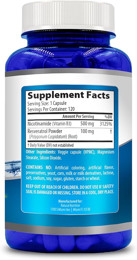 Generic Natural Vitamin Nicotinamide with Resveratrol 600mg (Vitamin B-3) 120 Veggie Capsules Gluten Free & Non-GMO