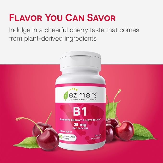 EZ Melts Dissolvable Vitamin B1 25 mg - Thiamin Supplement for Energy, Stress & Cellular Support - No Artificial Flavors - Non-GMO & Vegan - Cherry Burst - 180 Dissolvable Tablets (90 Servings)