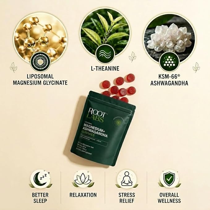 Root Labs Magnesium Glycinate Gummies 675mg | Ashwagandha, L-Theanine | Stress Relief, Sleep Support & Recovery | 60 Gummies